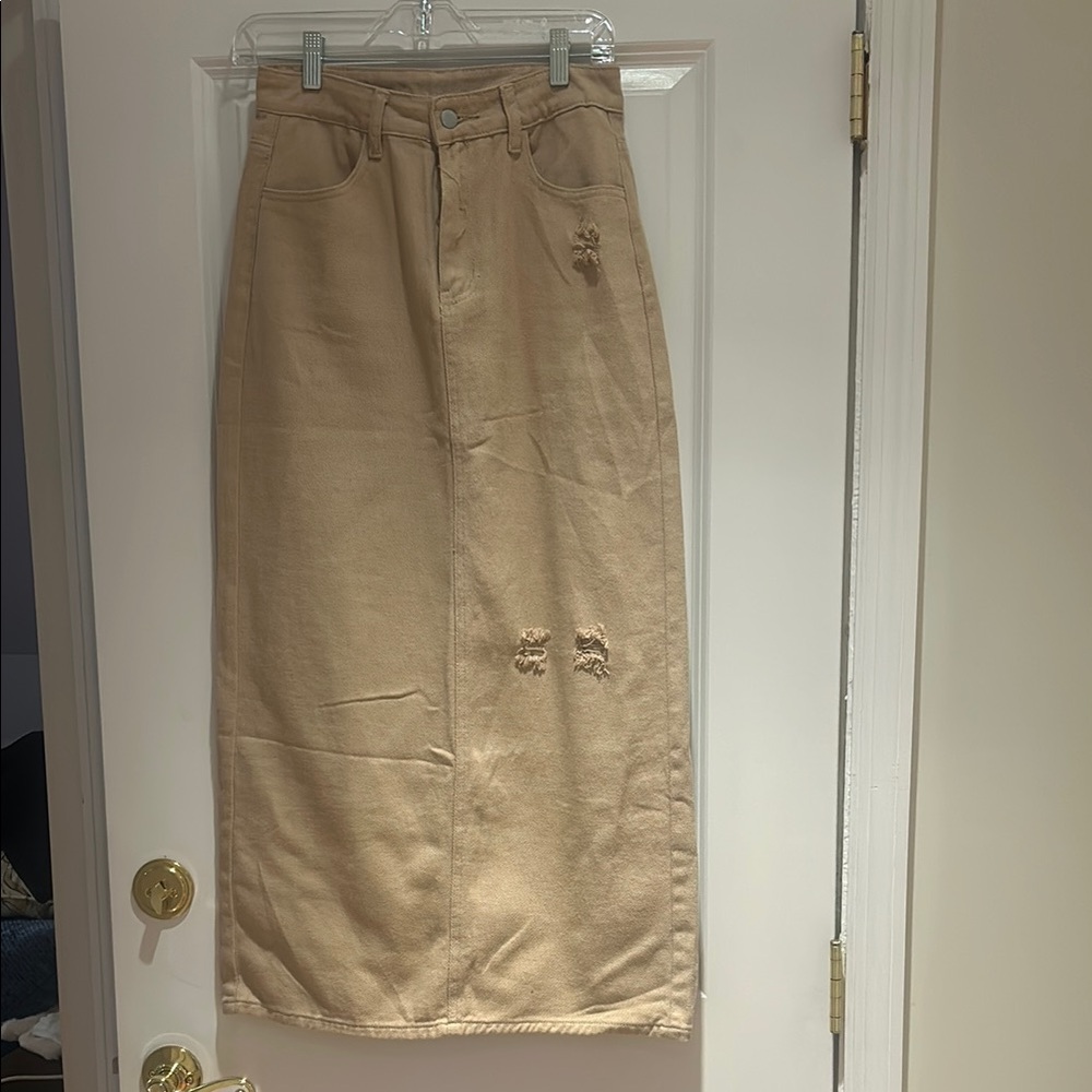 Tan Distressed Denim Skirt